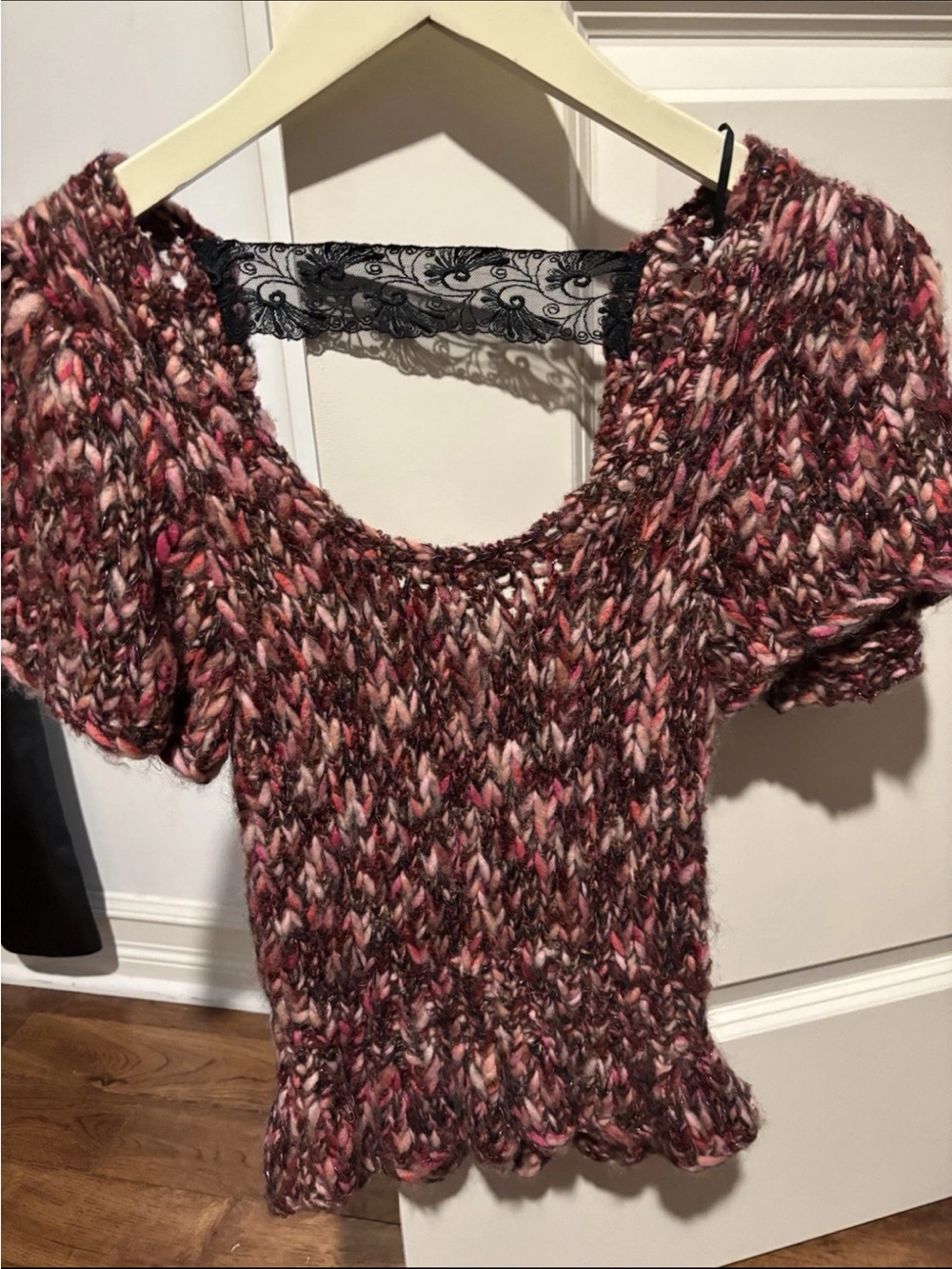 Betsey Johnson Chunky Knit Short Sleeve Sweater - Pink Brown Mix